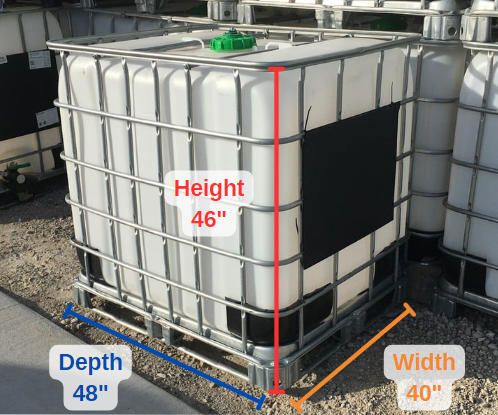 Diagram showing the dimensions of a 275-gallon IBC cage tank.