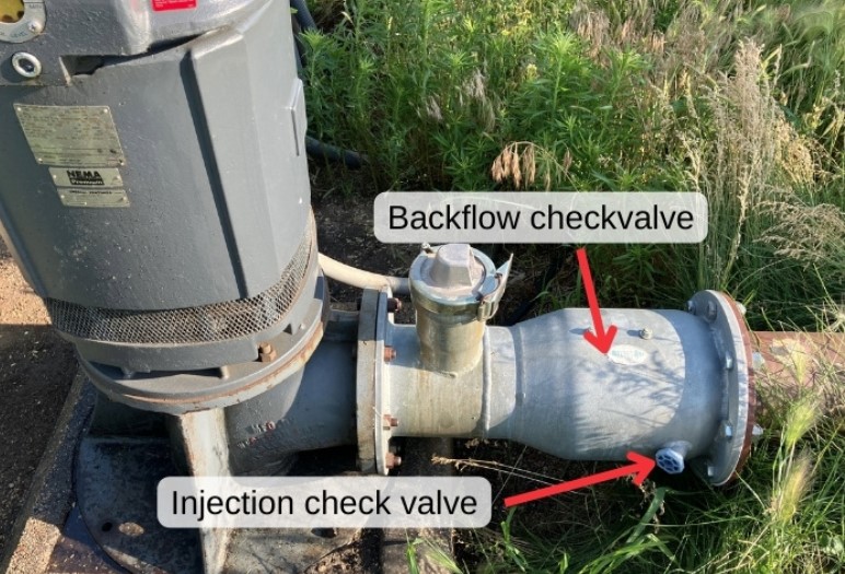 Diagram illustrating the process of pivot injection, showing how chemicals are injected into a pivot irrigation system for even distribution.